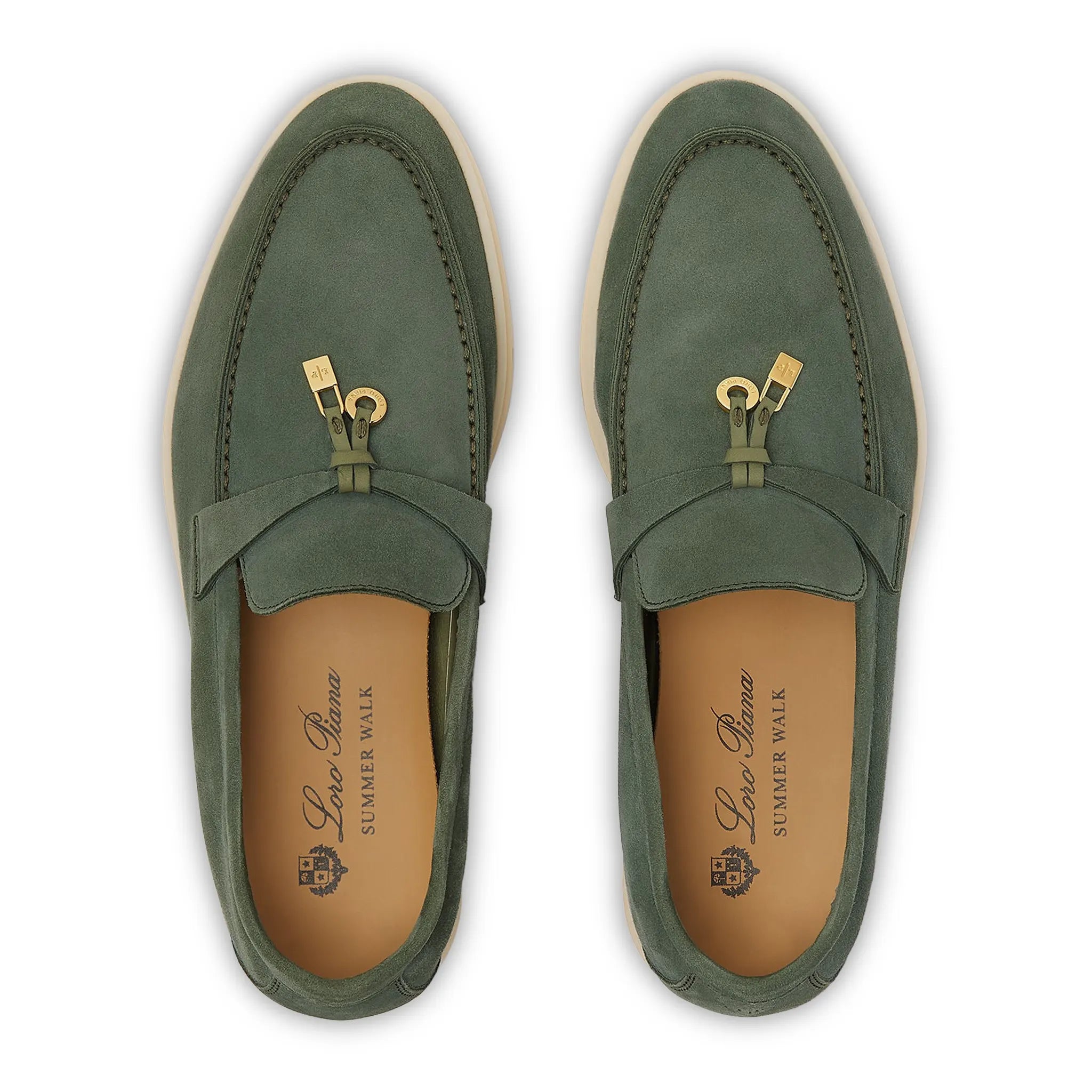 Upper View of Loro Piana Summer Charms Walk Suede Green Lagoon Loafers FAE5444_518W